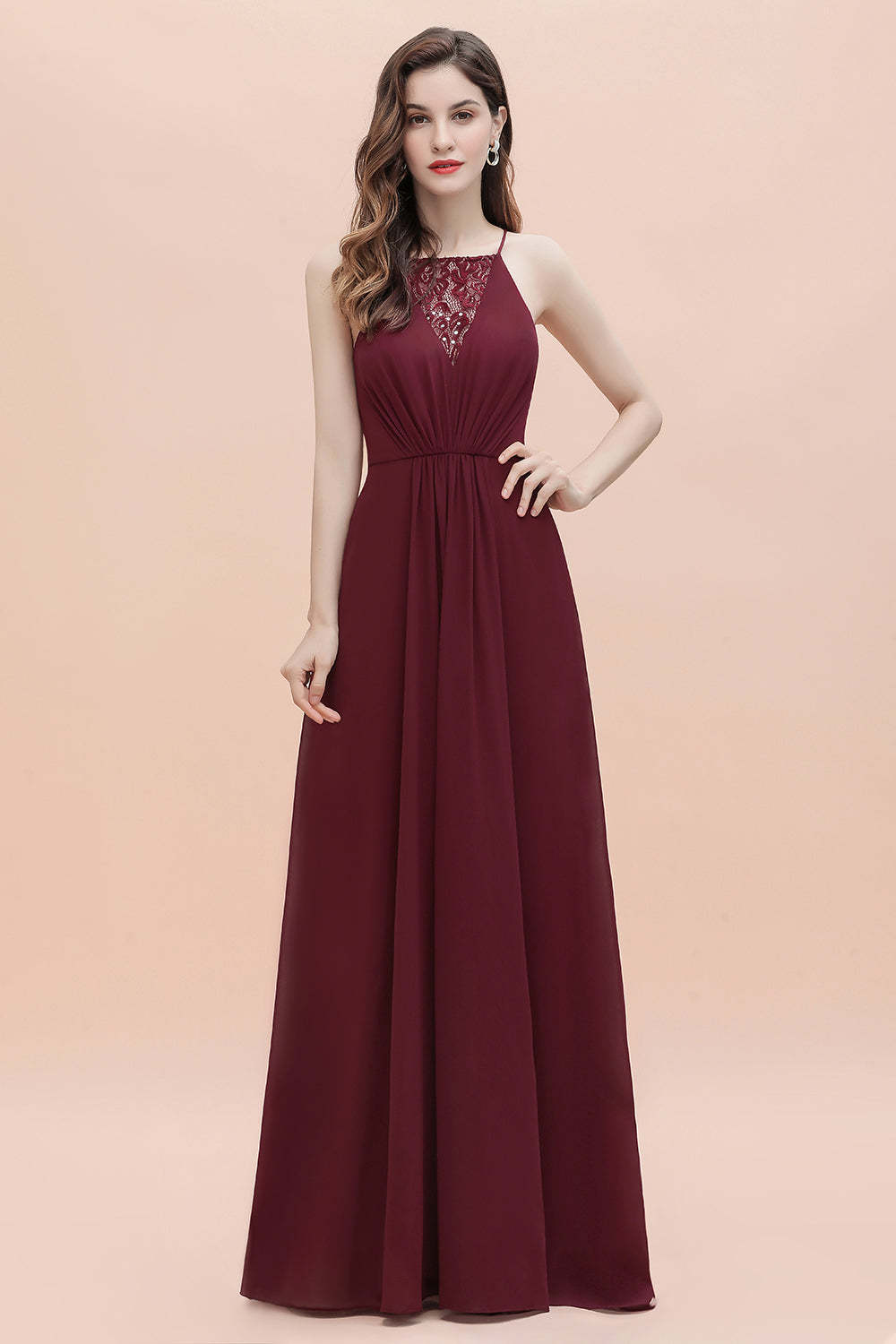 Chicloth Sexy V-neck Burgundy Chiffon Bridesmaid Dress Spaghetti Straps Lace Sequins Evening Dress
