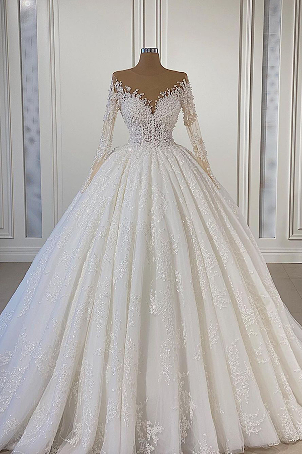 Gorgeous Long Sleeve 3D Floral Applique and Pearl A-Line Wedding Dress
