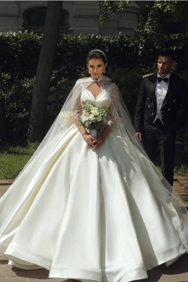 Chicloth Long Sleeves V-Neck Ball Gown Satin Wedding Dress With Sequins