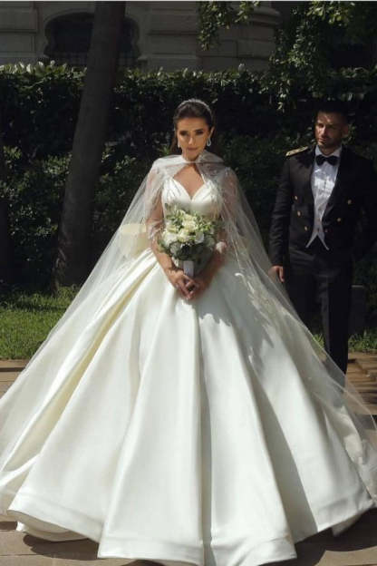 Chicloth Long Sleeves V-Neck Ball Gown Satin Wedding Dress With Sequins