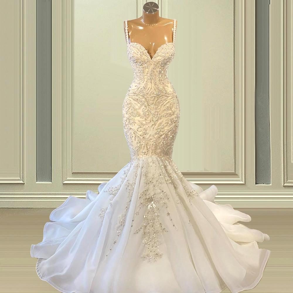 Chicloth Spaghetti-Straps Sleeveless Wedding Dress Mermaid Long With Beadings