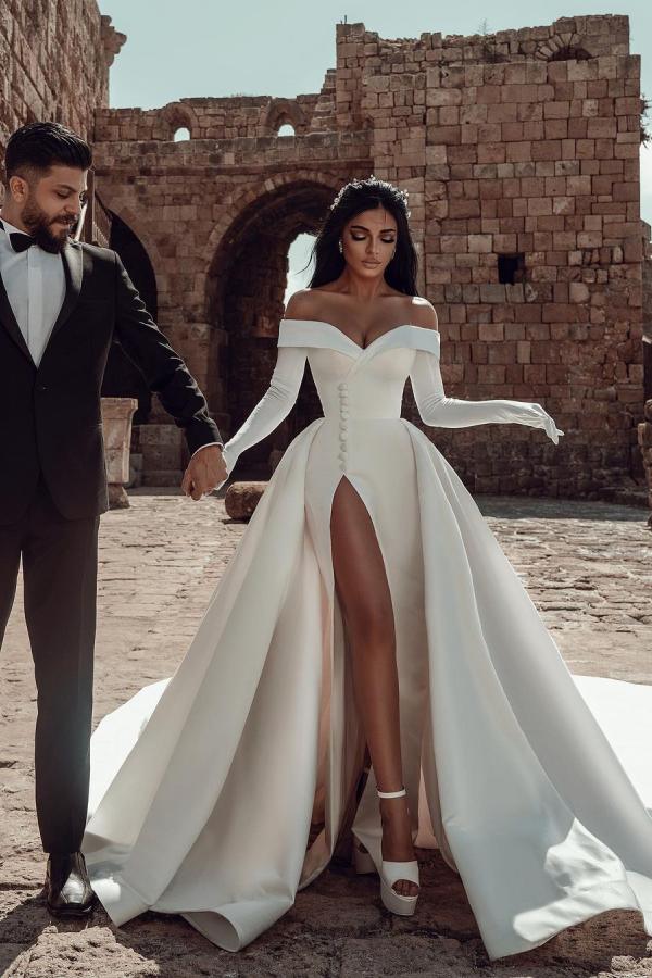 Chicloth Long Sleeves Wedding Dress Off-the-Shoulder With Slit