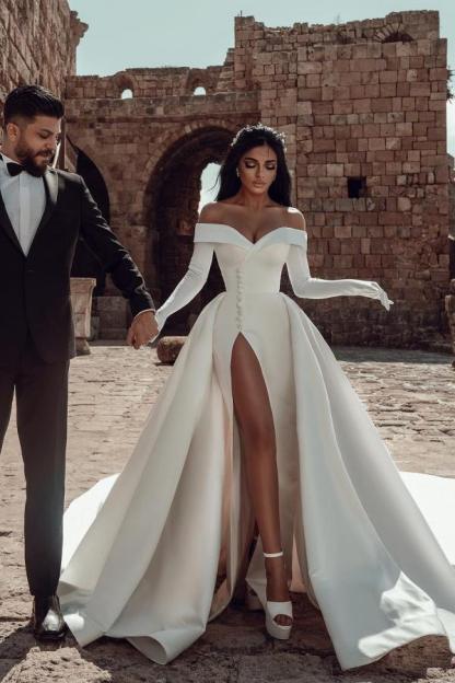 Chicloth Long Sleeves Wedding Dress Off-the-Shoulder With Slit