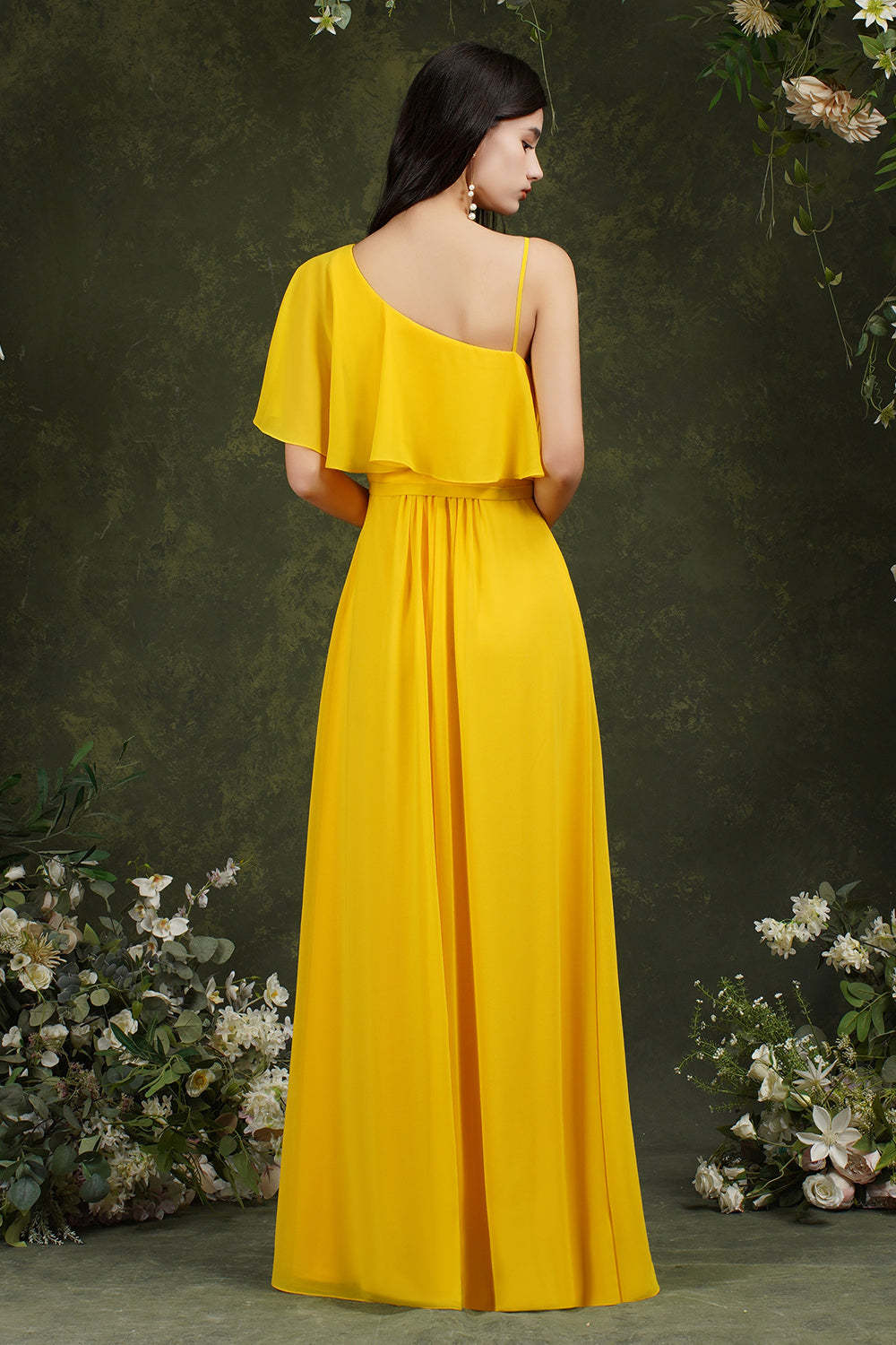 Chicloth One Shoulder Ruffles Bridesmaid Dress Long With Slit
