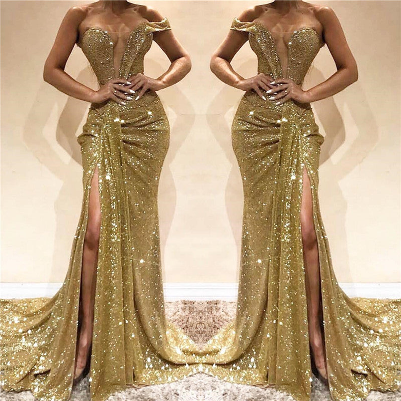 Chicloth Gold Off-the-Shoulder Prom Dress Sequins Long Slit Online