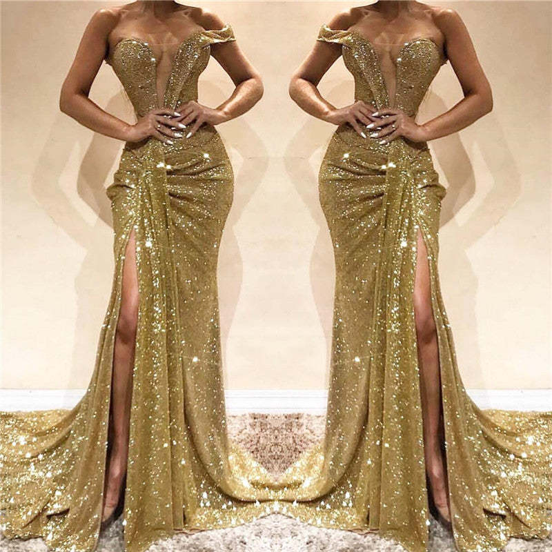 Chicloth Gold Off-the-Shoulder Prom Dress Sequins Long Slit Online