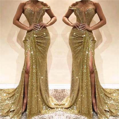 Chicloth Gold Off-the-Shoulder Prom Dress Sequins Long Slit Online