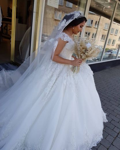 Chicloth Cap Sleeves Lace Wedding Dress Ball Gown V-Neck