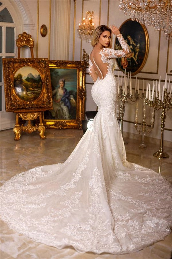 Chicloth Long Sleeves Lace Wedding Gown Mermaid V-Neck Online