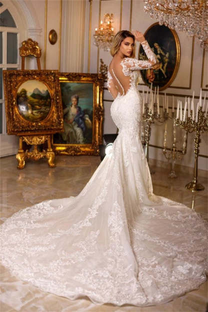 Chicloth Long Sleeves Lace Wedding Gown Mermaid V-Neck Online