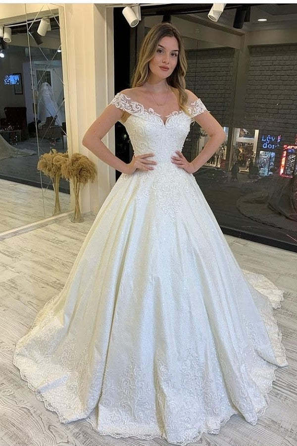 Chicloth Off-the-Shoulder Ball Gown Wedding Dress Lace Appliques Bridal Gown