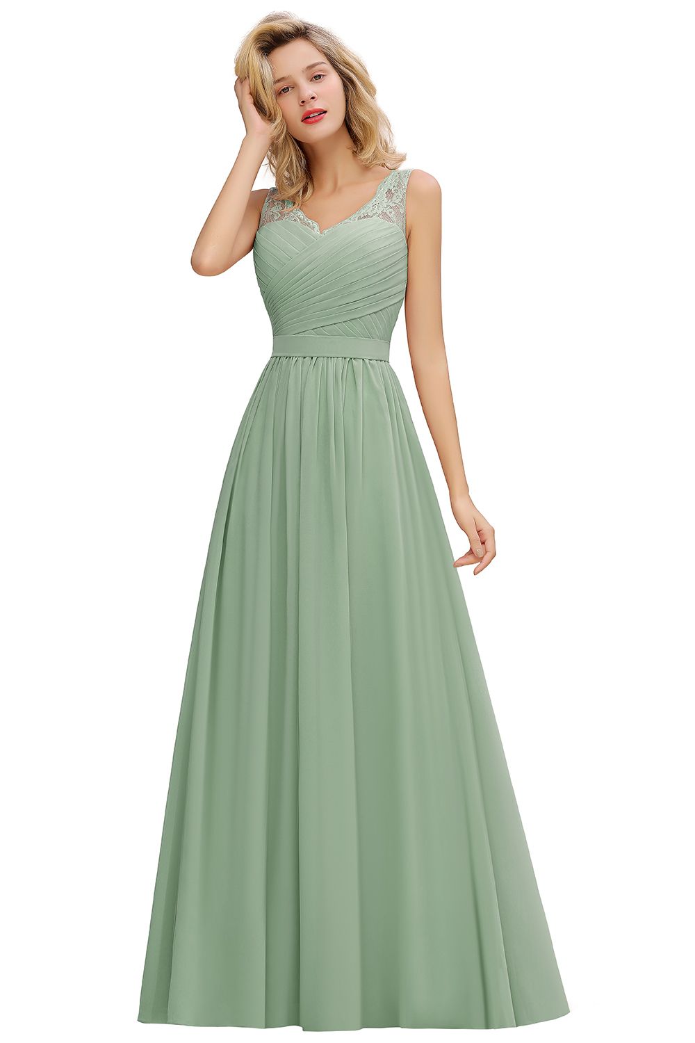 Chicloth A-line Chiffon Lace V-Neck Ruffles Bridesmaid Dress