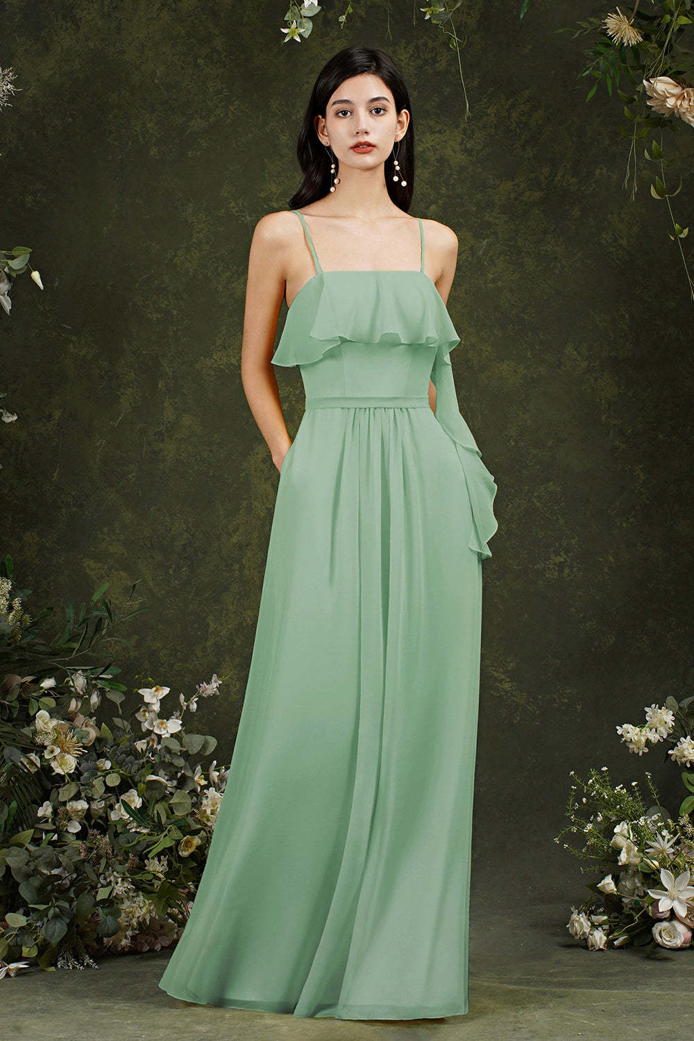 Chicloth Spaghetti-Straps Bridesmaid Dress Chiffon With Pockets Ruffles