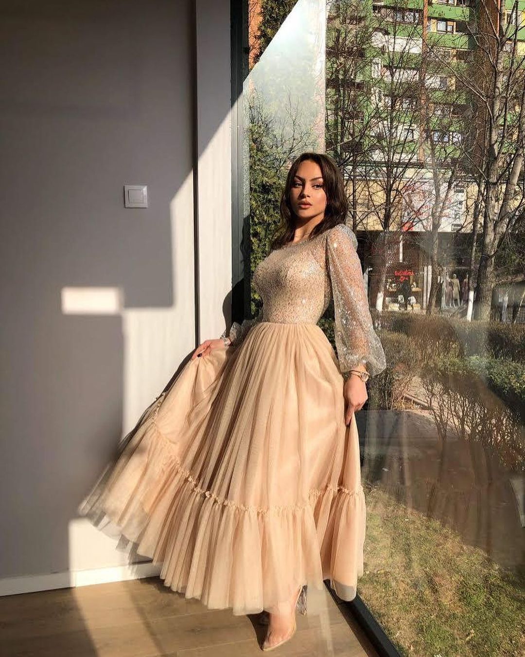 Chicloth Long Sleeves Champagne Prom Dress Tulle Skirt