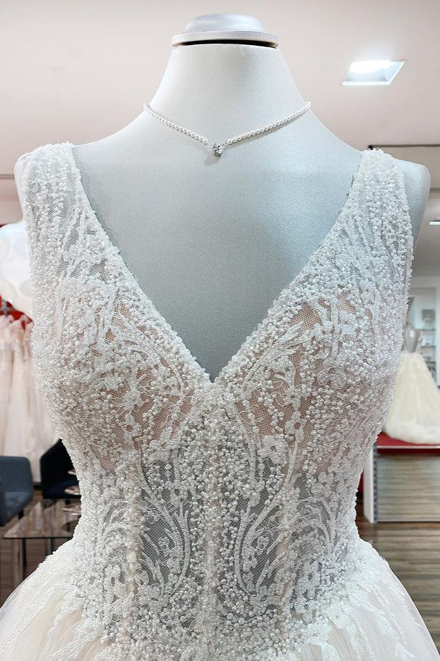 Chicloth Simple Ivory Tulle Lace Ruffles A-Line Wedding Dresses