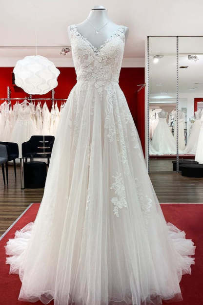 Chicloth Graceful Ivory Tulle V Neck Lace Ruffles A-Line Wedding Dresses