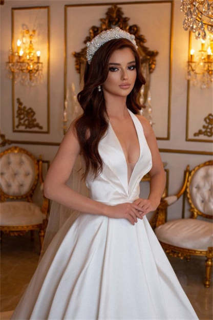 Chicloth Halter V-Neck Wedding Dress Sleeveless Long
