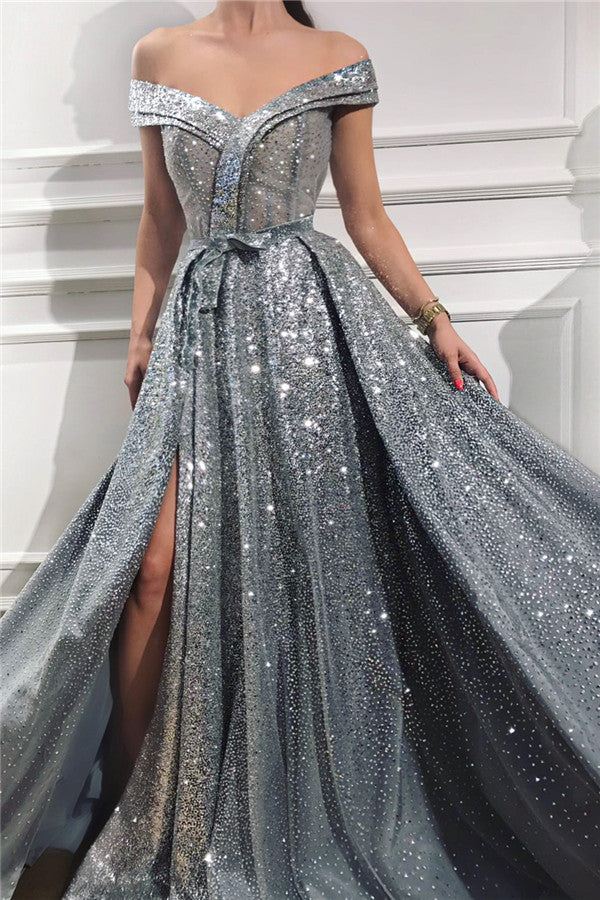 Chicloth Off-the-Shoulder Sequins Prom Dress Slit Long