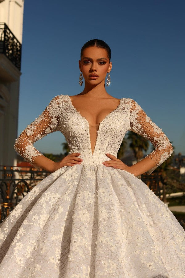 Chicloth Long Sleeves Ball Gown Wedding Dress Lace Appliques V-Neck
