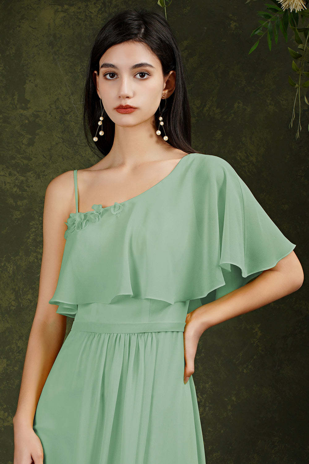 Chicloth One Shoulder Ruffles Bridesmaid Dress Long With Slit