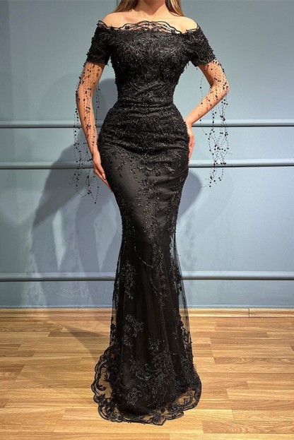 Black Evening Dresses with Sleeves | Lace Prom Dresses