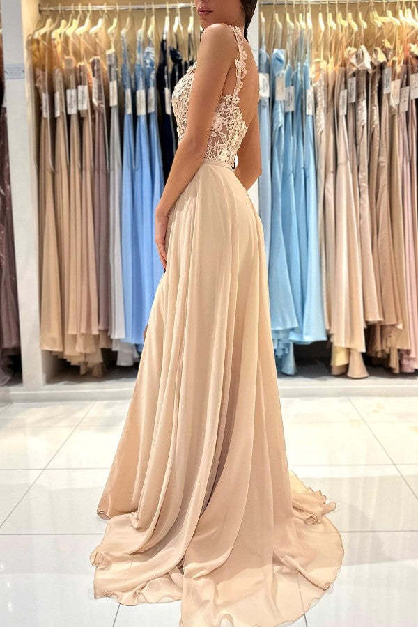 Chicloth Straps Square Prom Dress Champagne Slit With Appliques