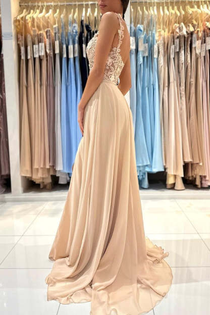 Chicloth Straps Square Prom Dress Champagne Slit With Appliques