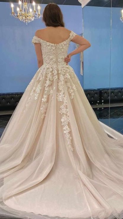 Chicloth Off-the-Shoulder Princess Wedding Dress Champagne With Lace Appliques