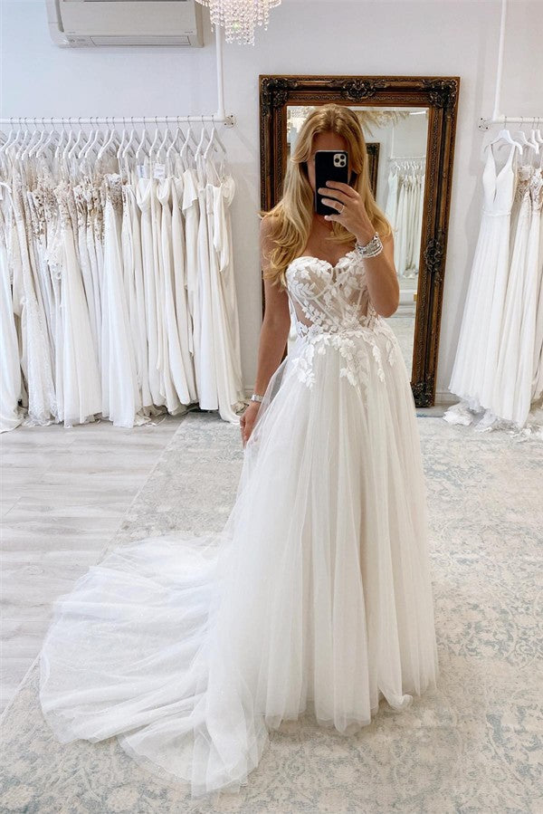 Chicloth Sweetheart Tulle Wedding Dress Long With Lace Appliques