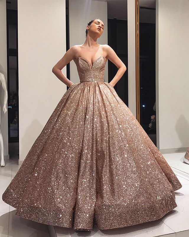 Chicloth Sweetheart Ball Gown Sequins Prom Dress Long Evening Party Gowns