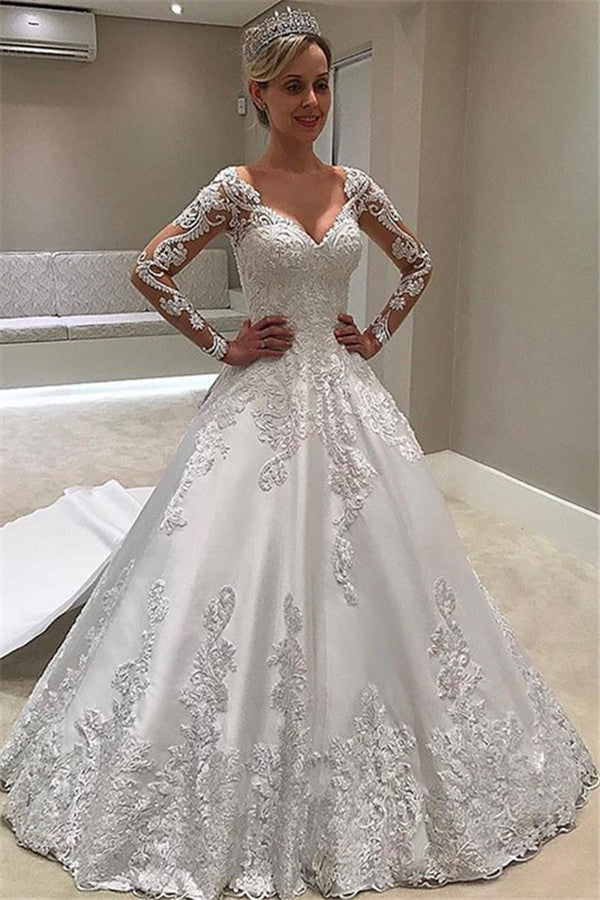 Chicloth Long Sleeves Lace Appliques Wedding Dress A-Line Bridal Gowns