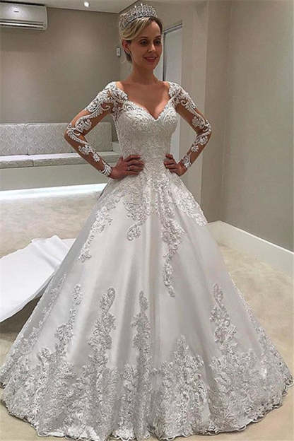 Chicloth Long Sleeves Lace Appliques Wedding Dress A-Line Bridal Gowns