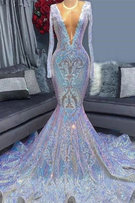 Long Sleeves Deep V-Neck Mermaid Prom Dress