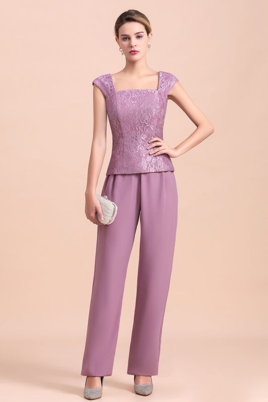Chiffon 3 Pieces Mother of the Bride Dress Scoop Neck Floral Lace Lilac Jumpsuit Wedding Guest Dress