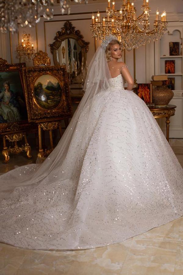 Chicloth Ball Gown Wedding Dress Sheer Top With Crystal Beads