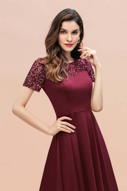 Chicloth Lovely Jewel Satin Sequins Bridesmaid Dress Short Sleeve Burgundy Cocktail Dress