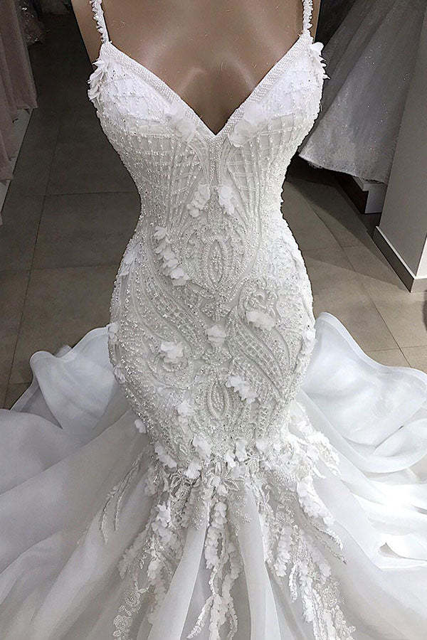 Chicloth Sexy Mermaid Spaghetti Straps Ivory Wedding Dresses With Appliques Tulle Lace Bridal Gowns On Sale