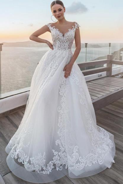 Off-the-Shoulder Tulle Aline Wedding Dress Lace Appliques Bridal Dress