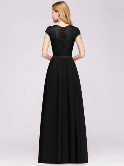 Cap Sleeves Aline Bridesmaid Dress Floral Lace Chiffon Long Wedding Guest Dress - Prom Dresses