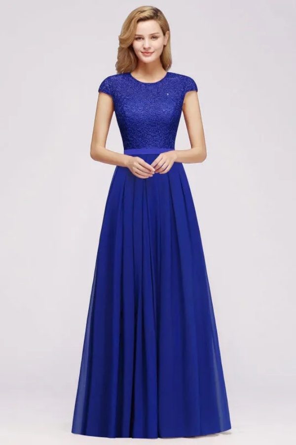 Elegant Cap Sleeves Aline Bridesmaid Dress Lace Chiffon Wedding Guest Dress Crew Neck
