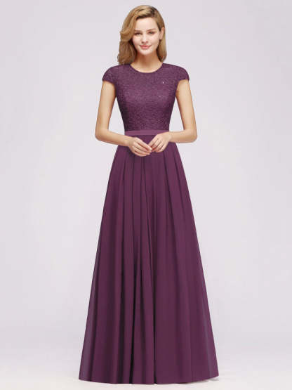 Cap Sleeves Aline Bridesmaid Dress Floral Lace Chiffon Long Wedding Guest Dress - Grape / US 2 - Prom Dresses
