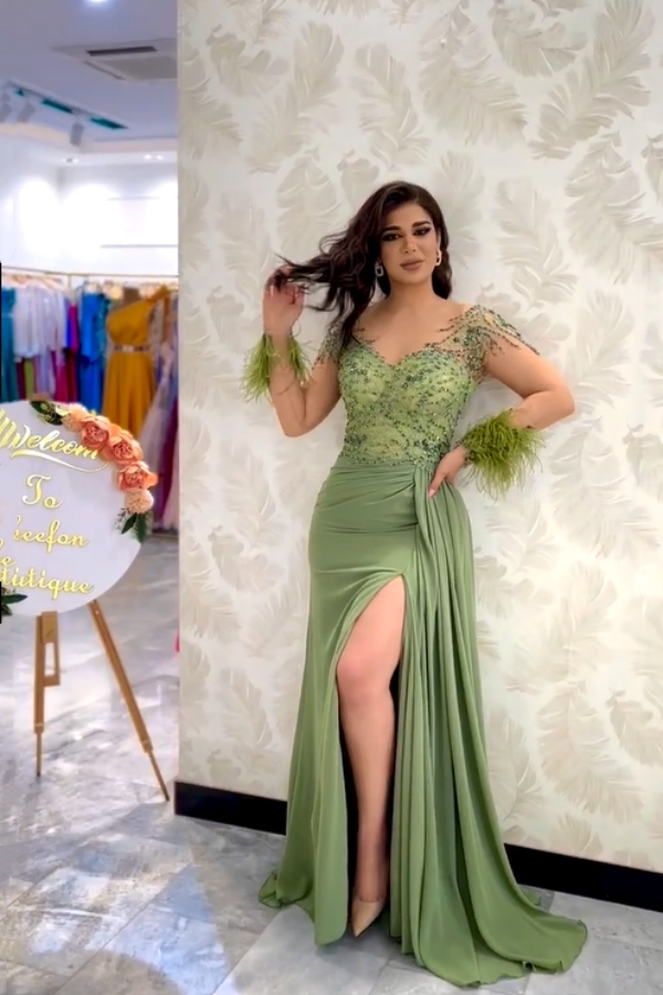 Stunning Beadings Satin Evening Dress Long Sleeves Side Split Sage Prom Dress with Feather