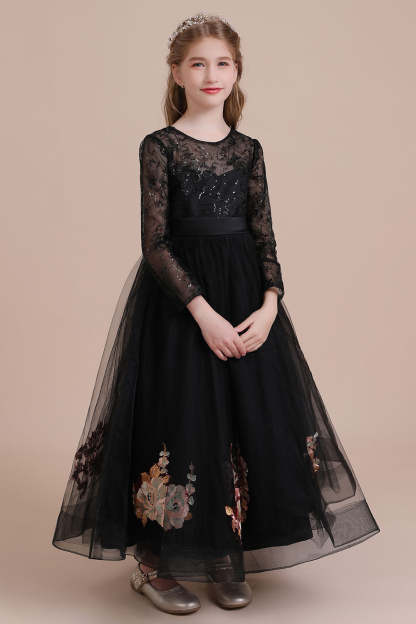 Chicloth A-Line Embroidered Long Sleeve Tulle Flower Girl Dress On Sale