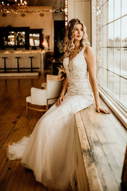 Chicloth Elgeant V-Neck Wedding Dress Mermaid Lace Tulle Online