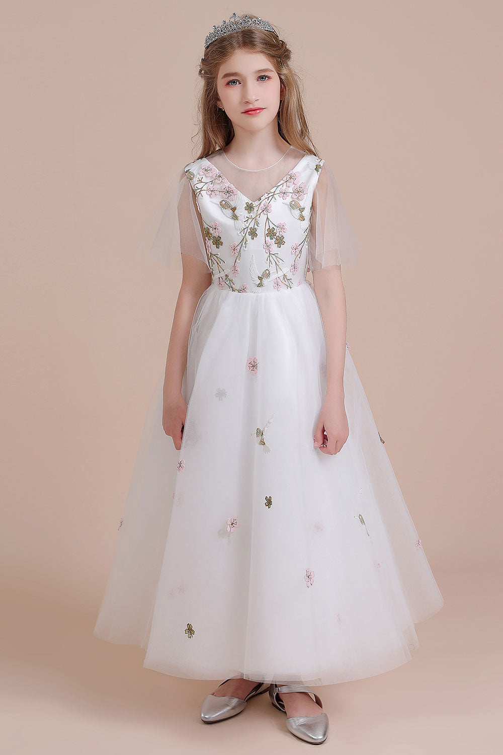Chicloth A-Line Short Sleeve Embroidered Tulle Flower Girl Dress On Sale