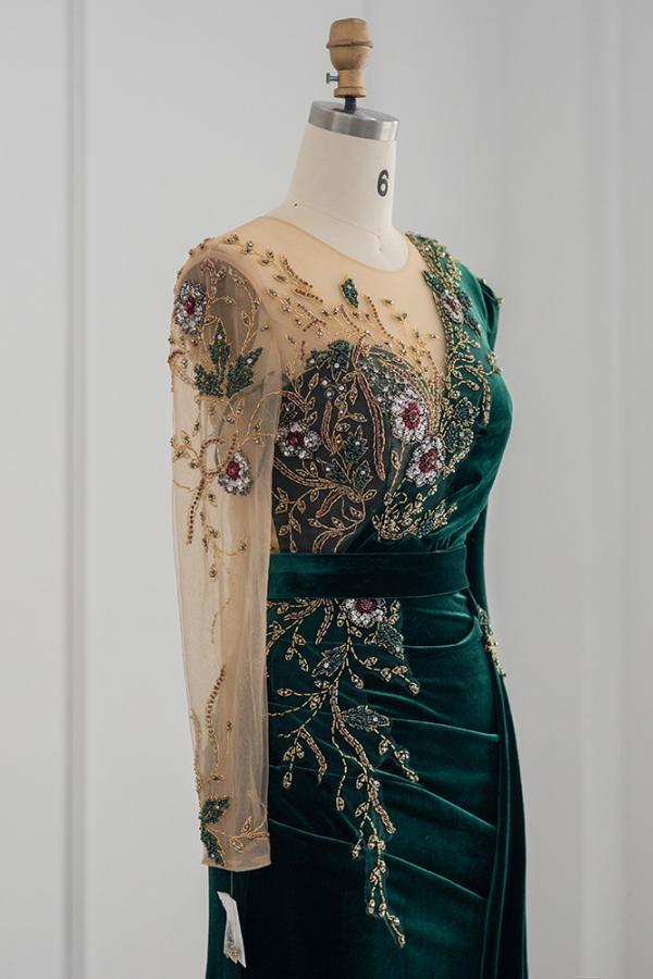 Chicloth Long Sleeves Mermaid Evening Dresses Dark Green With Crystals