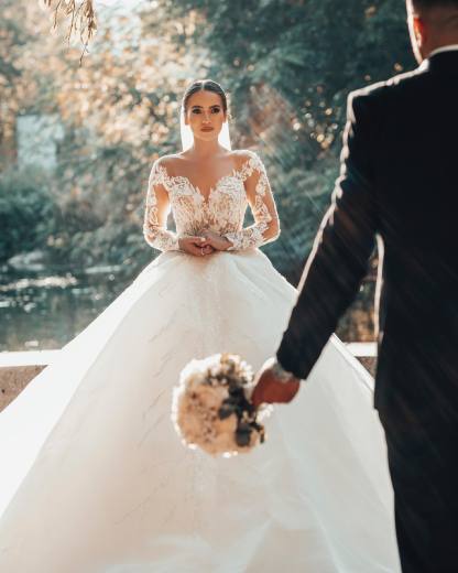 Chicloth Long Sleeves Ball Gown Wedding Dress V-Neck Tulle With Lace Beads
