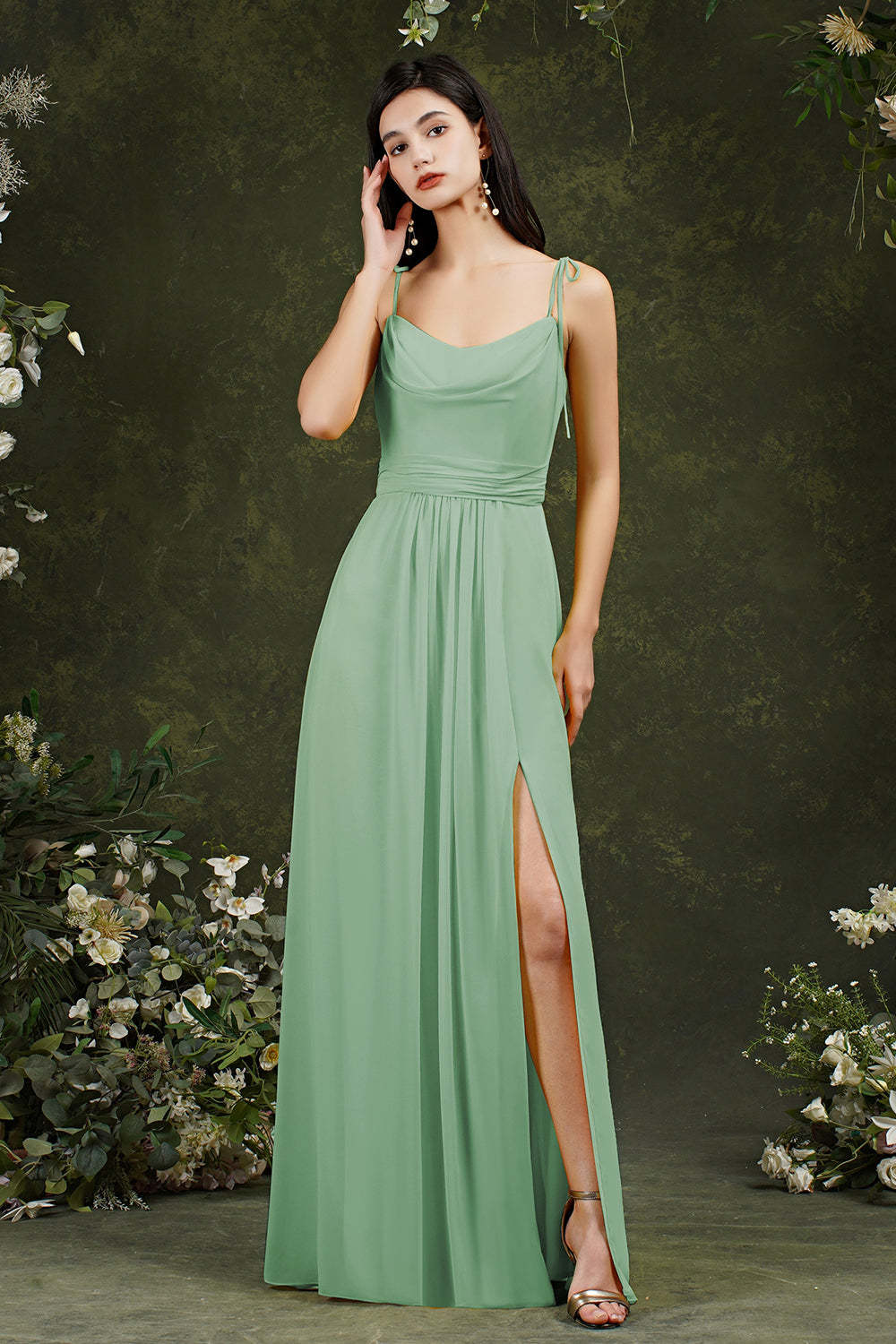 Chicloth Spaghetti-Straps Bridesmaid Dress Chiffon With Slit
