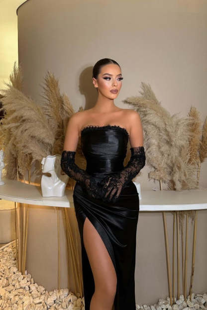 Chicloth Black Strapless Prom Dress Mermaid Long Slit On Sale