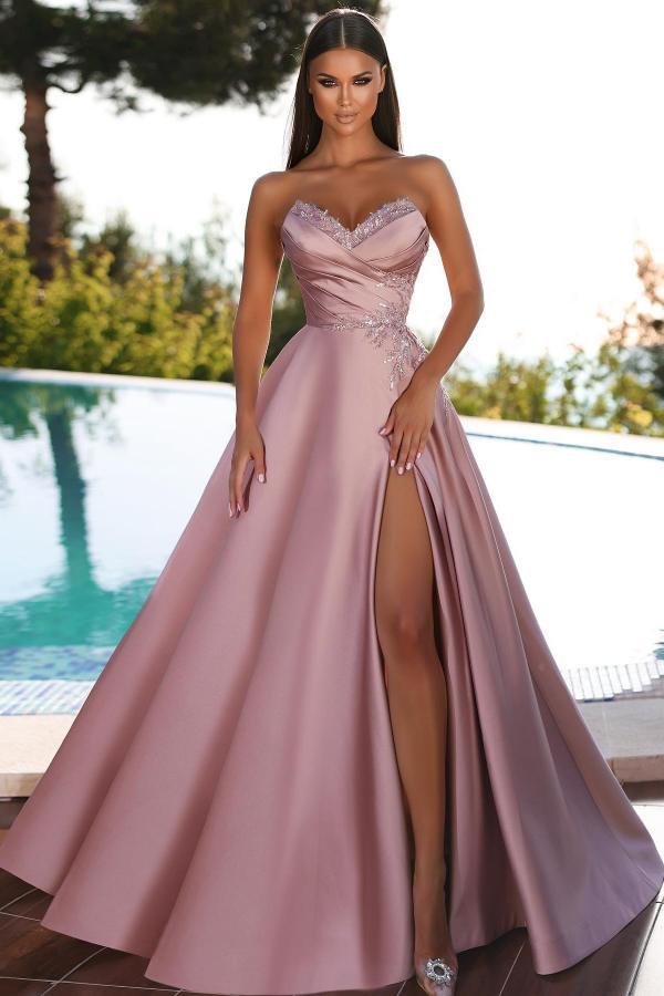 Stunning Pink Satin Sweetheart Strapless Side Split Evening Dress | Crystals Long Party Dress